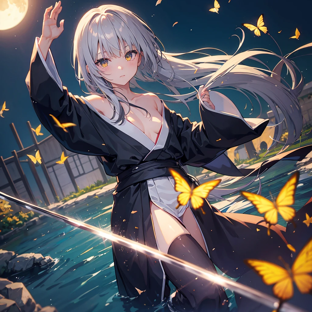 ((High resolution Gray Hair Long Hair Black kimono Black Band military commander Lonely despair)) ((Yellow butterfly night Japanese style shoulder old Shining Aura Japanese garden water surface)) (dance Blade of Darkness Japanese sword Swing down Slashing) moon star Draw your sword Slashing Catch the wind autumn