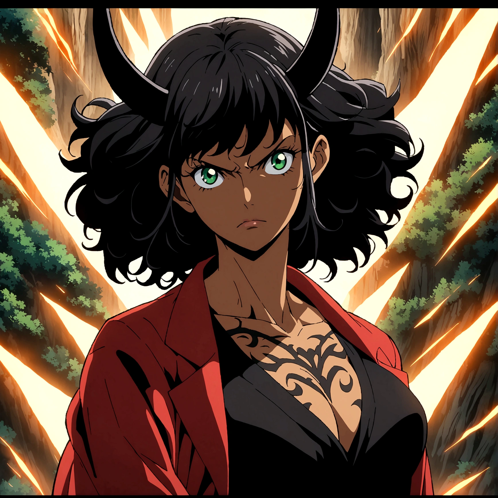 Woman, dark skin, tall, muscular and robust body, long black hair, black horns, green eyes, tribal tattoos, black blouse, red jacket, serious expression, forest background, ONE PIECE inspired anime lines, bathed in dramatic, incredible lighting, dramatic lighting, infused with creative details, ultra-fine 2D drawing, incredible scenery, bathed in creativity, boasting anime resolution clarity, anime graphics, high octane rendering
