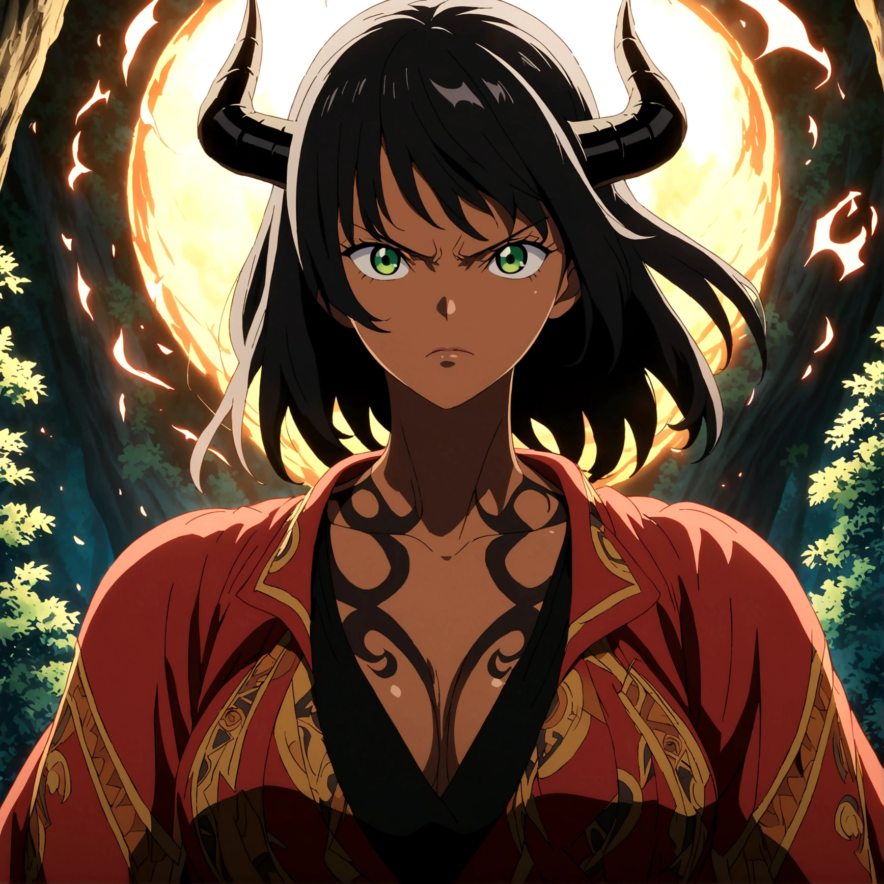 Woman, dark skin, tall, muscular and robust body, long black hair, black horns, green eyes, tribal tattoos, black blouse, red jacket, serious expression, forest background, ONE PIECE inspired anime lines, bathed in dramatic, incredible lighting, dramatic lighting, infused with creative details, ultra-fine 2D drawing, incredible scenery, bathed in creativity, boasting anime resolution clarity, anime graphics, high octane rendering