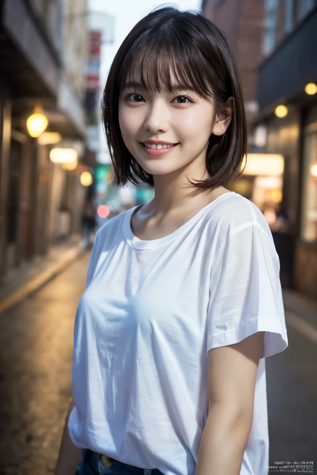 1 Girl, (Wearing a white T-shirt:1.2), Very beautiful Japanese idol portraits, 
(RAW Photos, Highest quality), (Realistic, Realistic:1.4), (masterpiece), 
Very delicate and beautiful, Very detailed, 2k wallpaper, wonderful, finely, Very detailed CG Unity 8K wallpaper, Very detailed, High resolution, Soft Light, 
Beautiful detailed girl, Very detailed目と顔, Beautiful and sophisticated nose, Beautiful and beautiful eyes, Cinema Lighting, 
(Fashion magazine photography:1.3), (Outdoor), (Downtown lights), 
(short hair), 
Complete Anatomy, Slender body, Small breasts, smile