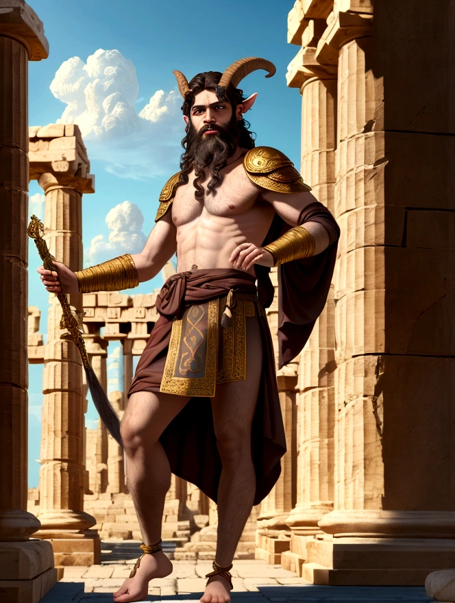(best quality,4k,8k,highres,masterpiece:1.2),ultra-detailed,dnd character art, a satyr with a dark beard, goat horns, dressed like an Ancient Greek philosopher, Greek tunic with gold embroidery, tanding before a Greek temple, Greek mythology, satyr, faun, Renaissance art style, Renaissance painting