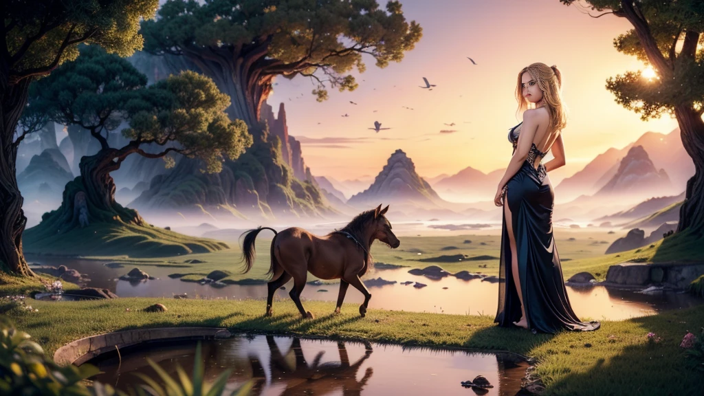 (Masterpiece artwork、highest quallity、details Intricate、The ultra-detailed、ultra-quality、high resolution、The best shadows、The best lighting、4K)　　Eleven keywords:　The hair is golden　Beautiful blonde Longevity and immortality Beautiful figure Exceptional abilities Harmony with nature Noble culture Ancient races Fantasy works Role-playing games Beauty and elegance dark witch Magical talent　Females　　a beautiful girl　Mystic　fictional creatures　Old Dresses　The buttocks are seen through　standing on all fours　highlighting the buttocks　Sit with a beautiful back　Looking back. Black magical girl in a chino landscape, sexy fio dental