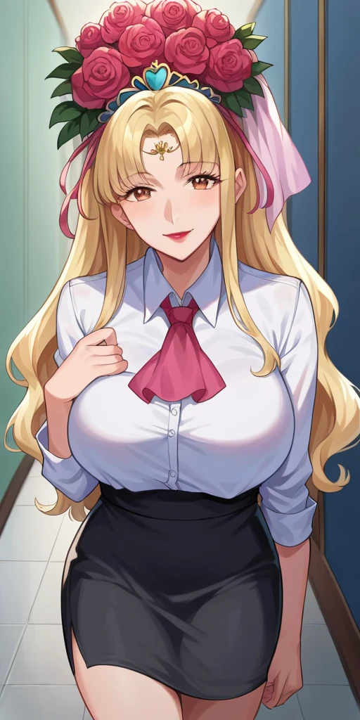 score_9, score_8_up, score_7_up, score_6_up, source_anime BREAK 1girl spaphro, tiara, circlet, hair flower, lipstick, large breasts, collared shirt, looking at you, ascot, pencil skirt, black skirt, looking at you, smile, hallway