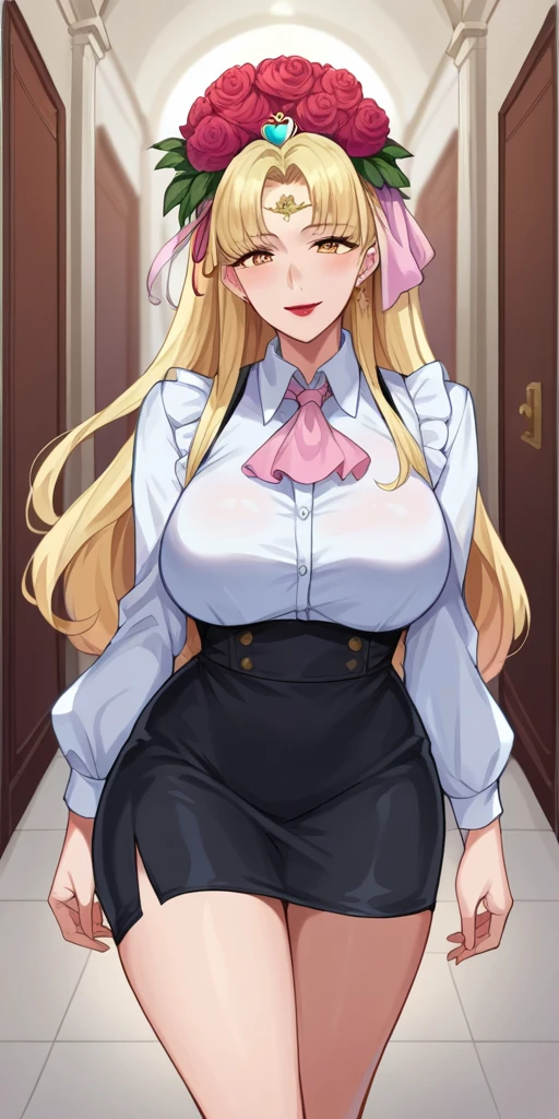 score_9, score_8_up, score_7_up, score_6_up, source_anime BREAK 1girl spaphro, tiara, circlet, hair flower, lipstick, large breasts, collared shirt, looking at you, ascot, pencil skirt, black skirt, looking at you, smile, hallway