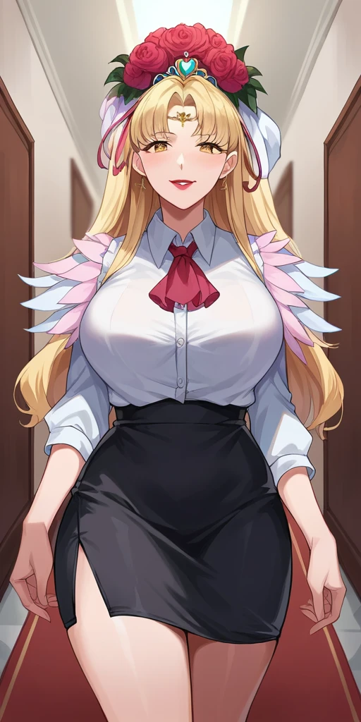 score_9, score_8_up, score_7_up, score_6_up, source_anime BREAK 1girl spaphro, tiara, circlet, hair flower, lipstick, large breasts, collared shirt, looking at you, ascot, pencil skirt, black skirt, looking at you, smile, hallway