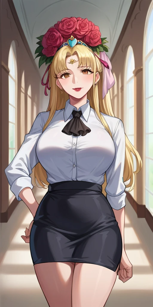 score_9, score_8_up, score_7_up, score_6_up, source_anime BREAK 1girl spaphro, tiara, circlet, hair flower, lipstick, large breasts, collared shirt, looking at you, ascot, pencil skirt, black skirt, looking at you, smile, hallway