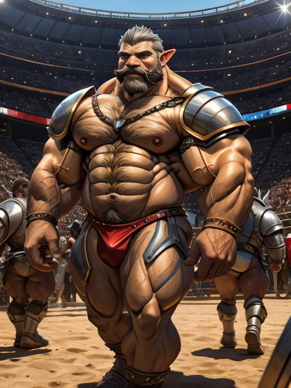 burly virile hairy elf, in a suit of armor, a himbo muscle daddy, middle-aged dilf, hirsute, overmuscular and musclebound, bulging veiny muscles, a warrior's build, a bodybuilder's physique, long bushy and a thick mustache, a square jaw, handsome and dreamy, rugged and manly, grey hair, a gladiator in the arena