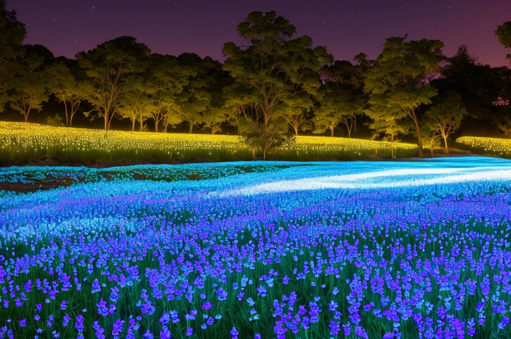 there are many white flowers in the dark with a black background, digital art by Bruce Munro, flickr, conceptual art, glowing flowers, luminous flowers, beautiful blue lights, glowing blue, bioluminescent plants, night sky full of flowers, blues. beautiful, ethereal blue lighting, blue lights, field of flowers at night, blue flowers