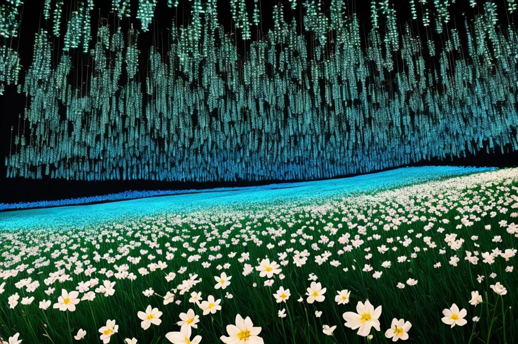 there are many white flowers in the dark with a black background, digital art by Bruce Munro, flickr, conceptual art, glowing flowers, luminous flowers, beautiful blue lights, glowing blue, bioluminescent plants, night sky full of flowers, blues. beautiful, ethereal blue lighting, blue lights, field of flowers at night, blue flowers
