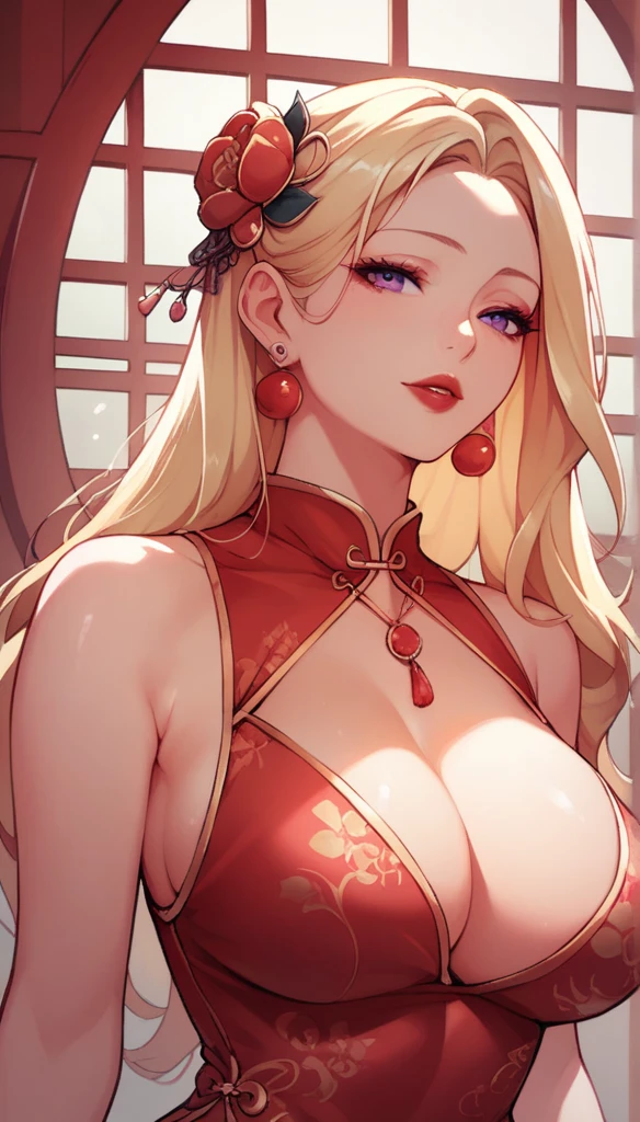 1girl, long_hair, portrait, upper body, china transparent silk dress, dress, hair ornament, necklace, jewelry, long hair, earrings, chinese clothes,big breasts,red lipstick, blonde hair, purple eyes