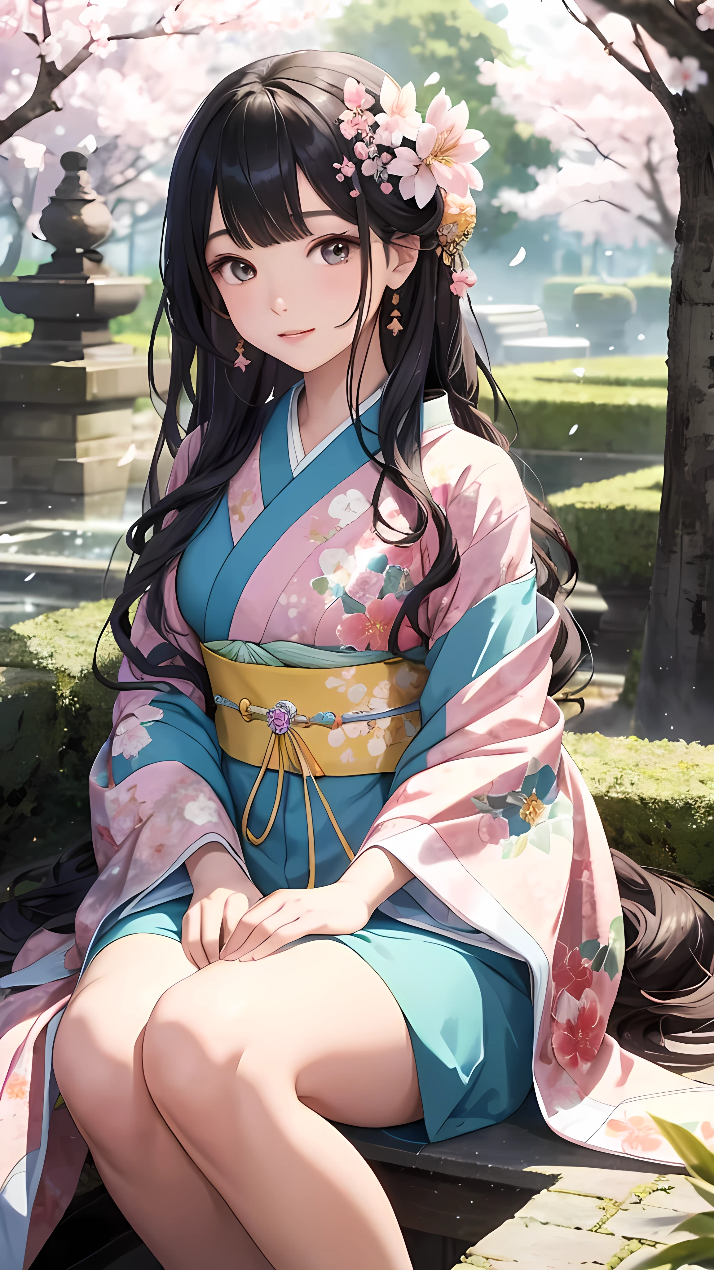 A meticulously crafted anime girl with long, cascading hair, adorned with delicate flowers, sits serenely in a lush garden filled with sakura trees. Her large, sparkling eyes twinkle with an otherworldly beauty, while her tiny nose and delicately painted lips add to her enchanting charm. She is elegantly dressed in a colorful kimono, the vibrant hues of the fabric seemingly brought to life by the soft, ethereal lighting. Cherry blossom petals dance gracefully around her, creating a dreamlike atmosphere. Each intricate detail of the girl's features and the garden setting is rendered with unparalleled precision and realism