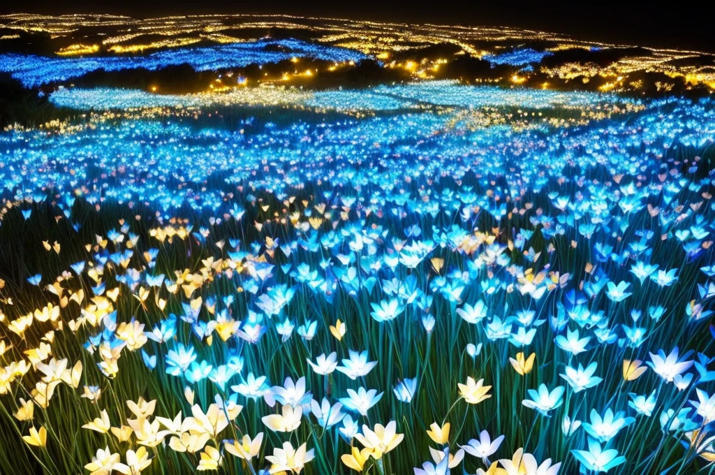 there are many white flowers in the dark with a black background, digital art by Bruce Munro, flickr, conceptual art, glowing flowers, luminous flowers, beautiful blue lights, glowing blue, bioluminescent plants, night sky full of flowers, blues. beautiful, ethereal blue lighting, blue lights, field of flowers at night, blue flowers