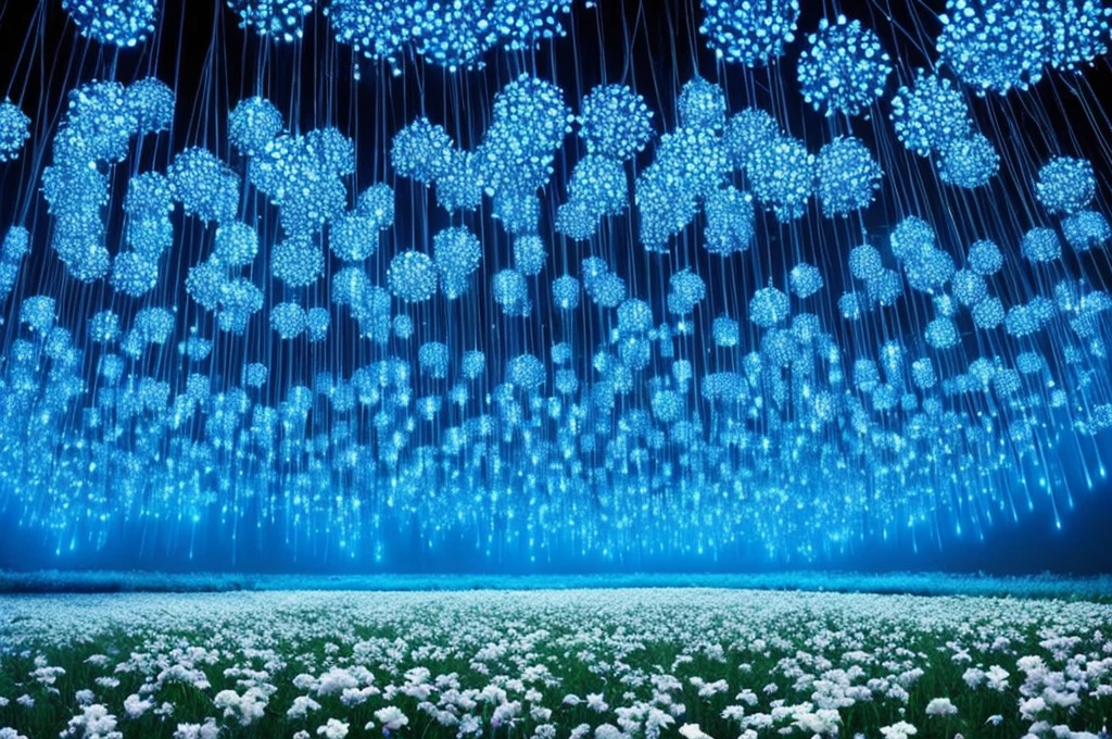 there are many white flowers in the dark with a black background, digital art by Bruce Munro, flickr, conceptual art, glowing flowers, luminous flowers, beautiful blue lights, glowing blue, bioluminescent plants, night sky full of flowers, blues. beautiful, ethereal blue lighting, blue lights, field of flowers at night, blue flowers