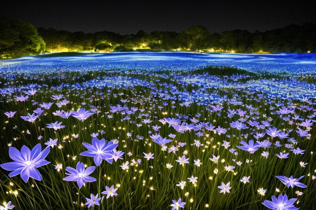 there are many white flowers in the dark with a black background, digital art by Bruce Munro, flickr, conceptual art, glowing flowers, luminous flowers, beautiful blue lights, glowing blue, bioluminescent plants, night sky full of flowers, blues. beautiful, ethereal blue lighting, blue lights, field of flowers at night, blue flowers