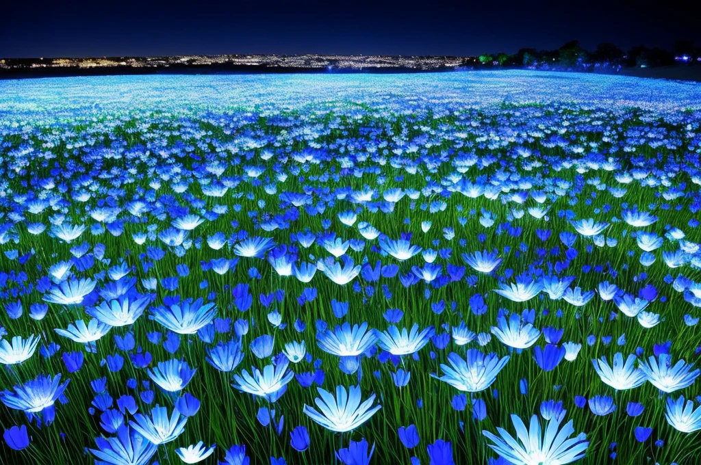 there are many white flowers in the dark with a black background, digital art by Bruce Munro, flickr, conceptual art, glowing flowers, luminous flowers, beautiful blue lights, glowing blue, bioluminescent plants, night sky full of flowers, blues. beautiful, ethereal blue lighting, blue lights, field of flowers at night, blue flowers