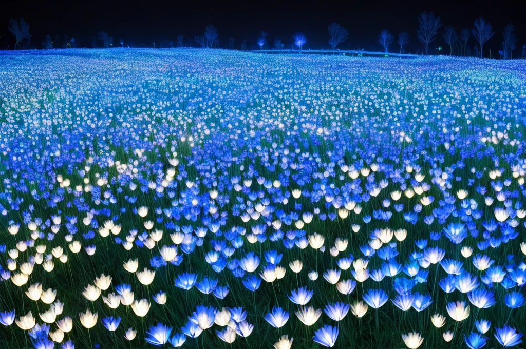 there are many white flowers in the dark with a black background, digital art by Bruce Munro, flickr, conceptual art, glowing flowers, luminous flowers, beautiful blue lights, glowing blue, bioluminescent plants, night sky full of flowers, blues. beautiful, ethereal blue lighting, blue lights, field of flowers at night, blue flowers