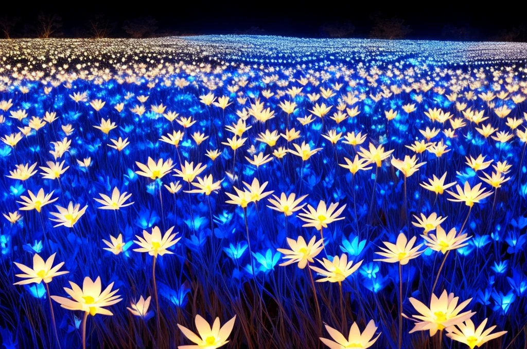 there are many white flowers in the dark with a black background, digital art by Bruce Munro, flickr, conceptual art, glowing flowers, luminous flowers, beautiful blue lights, glowing blue, bioluminescent plants, night sky full of flowers, blues. beautiful, ethereal blue lighting, blue lights, field of flowers at night, blue flowers