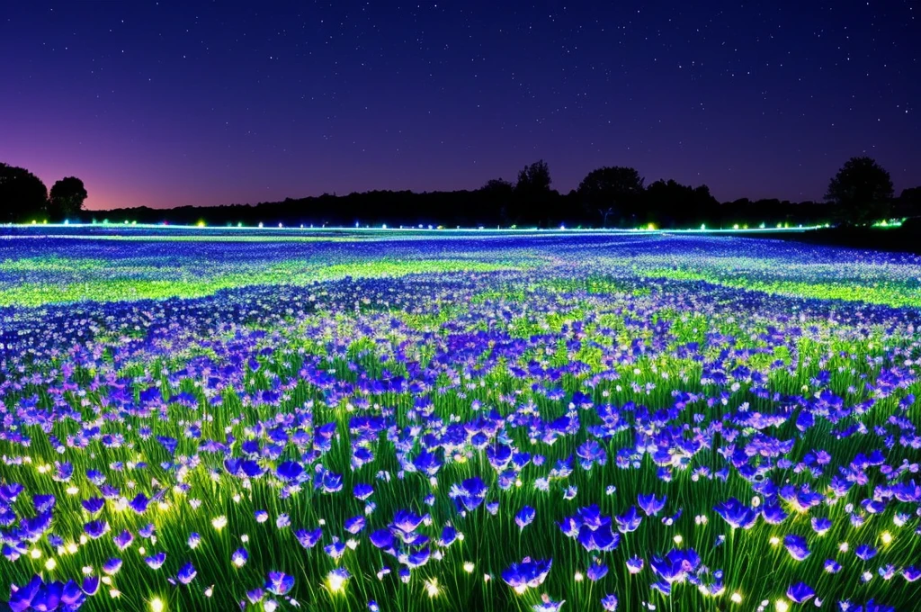there are many white flowers in the dark with a black background, digital art by Bruce Munro, flickr, conceptual art, glowing flowers, luminous flowers, beautiful blue lights, glowing blue, bioluminescent plants, night sky full of flowers, blues. beautiful, ethereal blue lighting, blue lights, field of flowers at night, blue flowers