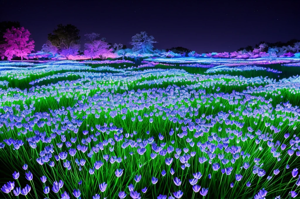 there are many white flowers in the dark with a black background, digital art by Bruce Munro, flickr, conceptual art, glowing flowers, luminous flowers, beautiful blue lights, glowing blue, bioluminescent plants, night sky full of flowers, blues. beautiful, ethereal blue lighting, blue lights, field of flowers at night, blue flowers