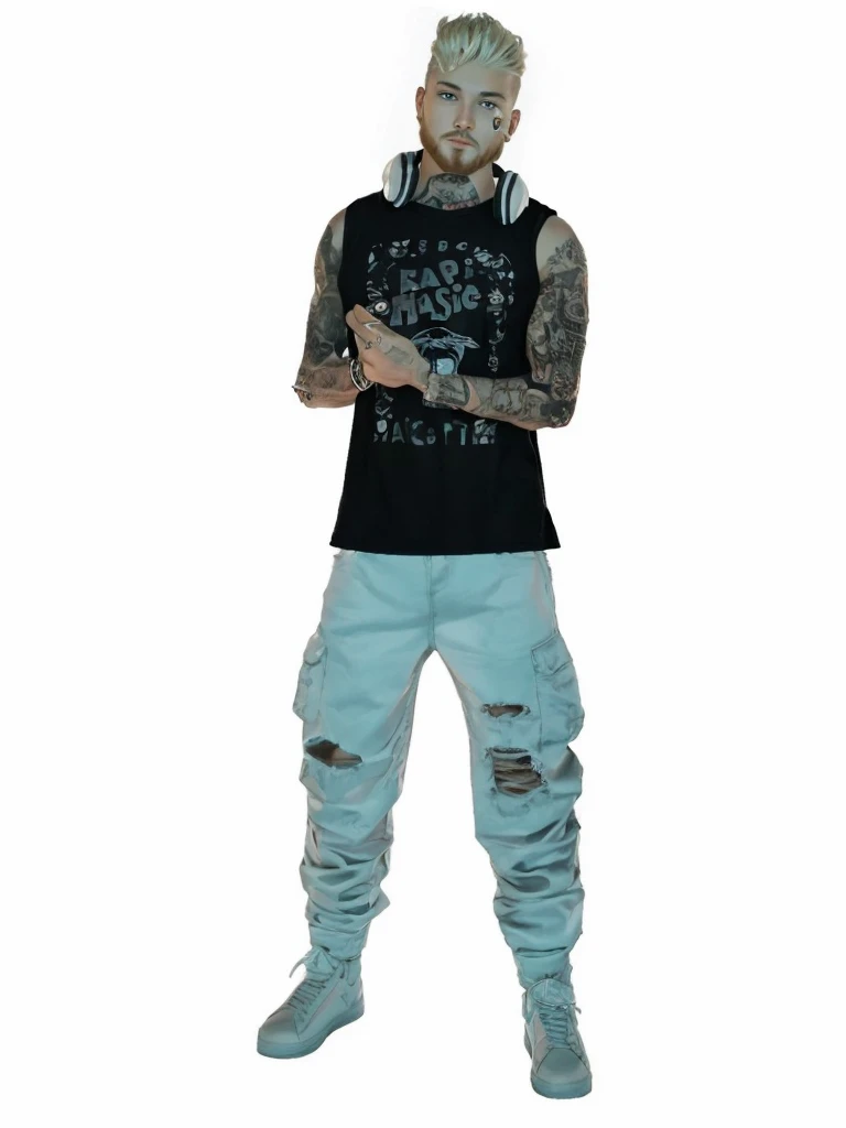 A strong man with fair skin and full body, with short blonde hair, with beard, with tattoos on the arm, with a black t-shirt and fashionable low-cut white jeans.