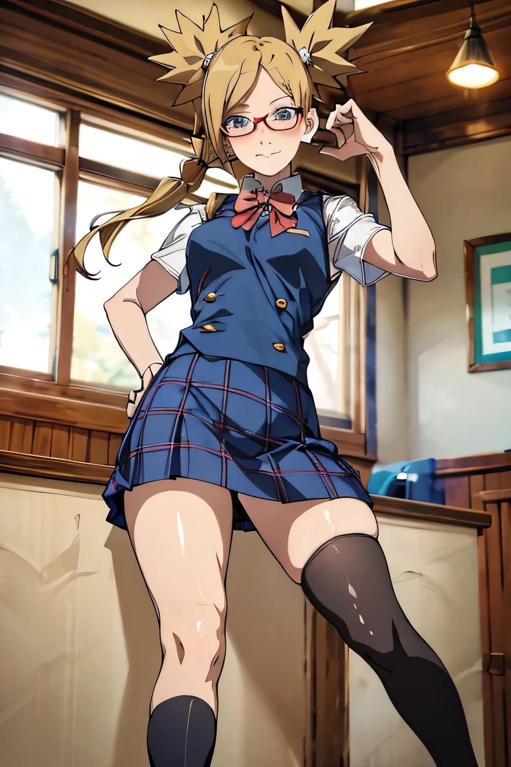 A Temari Nara masterpiece,,Best Quality,high resolution,whole body, a beautiful girl, She has blonde hair tied in four pigtails, teal eyes.,red glasses, school dress, white blouse with short sleeves, with a cloth vest over her cream-colored , closed vest covered,with gold buttons,red bow tie,black and blue plaid skirt, long black knee-high stockings, Brown shoes, with smile. blushing, background classroom posing standing,