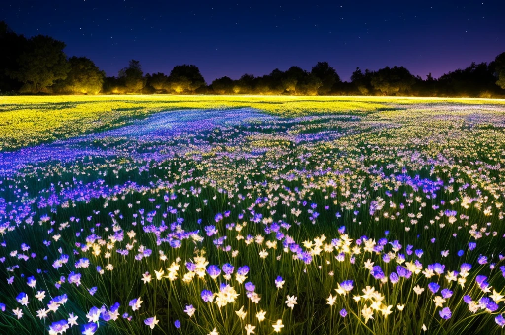 there are many white flowers in the dark with a black background, digital art by Bruce Munro, flickr, conceptual art, glowing flowers, luminous flowers, beautiful blue lights, glowing blue, bioluminescent plants, night sky full of flowers, blues. beautiful, ethereal blue lighting, blue lights, field of flowers at night, blue flowers