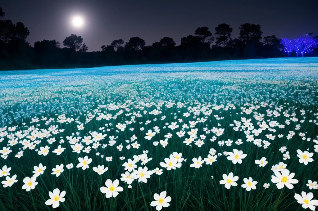 there are many white flowers in the dark with a black background, digital art by Bruce Munro, flickr, conceptual art, glowing flowers, luminous flowers, beautiful blue lights, glowing blue, bioluminescent plants, night sky full of flowers, blues. beautiful, ethereal blue lighting, blue lights, field of flowers at night, blue flowers