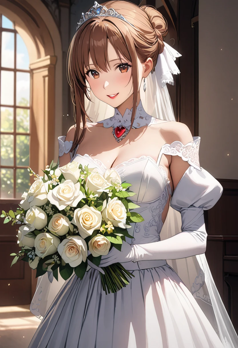 Highest quality、Super detailed、High resolution illustrations、Ultra-high-definition CG、８k size wallpaper、Production Art、Light novel illustrations、（１People Girls)、asuna yuuki, bangs, brown hair, brown eyes, bare shoulders, detached sleeves, white dress、applying makeup、Crimson Lipstick、A smile full of happiness、Puff sleeves、hair bun、Bridal Veil、tiara、Cleavage cutouts、Red brooch、Wedding dress、White Dress、White Gloves、Long skirt、White Stockings、White stiletto heels、Holding a bouquet in both hands、Full Body、hyperrealistic、(spoken heart)