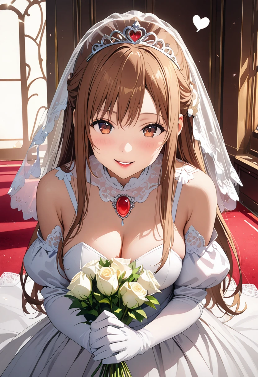 Highest quality、Super detailed、High resolution illustrations、Ultra-high-definition CG、８k size wallpaper、Production Art、Light novel illustrations、（１People Girls)、asuna yuuki, bangs, brown hair, brown eyes, bare shoulders, detached sleeves, white dress、applying makeup、Crimson Lipstick、A smile full of happiness、Puff sleeves、hair bun、Bridal Veil、tiara、Cleavage cutouts、Red brooch、Wedding dress、White Dress、White Gloves、Long skirt、White Stockings、White stiletto heels、Holding a bouquet in both hands、Full Body、hyperrealistic、(spoken heart)