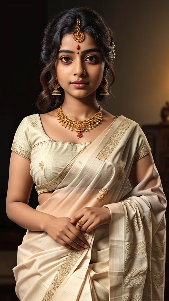 Create a stunning portrait of a Bengali woman dressed in an elegant traditional saree with intricate embroidery. She should be posing gracefully with a serene expression, her smooth white skin glowing under the soft lighting. The saree’s rich colors and elaborate patterns should enhance her curvy body and high figure. Emphasize her beautiful wavy hair styled in an elaborate updo, with soft, natural makeup highlighting her deep eyes and full lips. Focus on capturing the exquisite details of the saree’s fabric and design, along with her delicate fingers and expressive eyes.