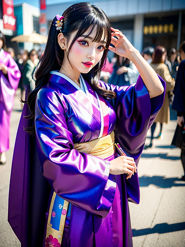 high quality, high resolution, Scenery of the city,Lots of girls,She is wearing a long-sleeved kimono made of super shiny enamel fabric.,The girls in the background are all wearing furisode kimonos made from super shiny enamel fabric.,The lower half of the furisode is high-cut and she is wearing black shiny stockings.,Multicolored furisode,Heavy brainwashing makeup,purple mascara,Purple Eyeshadow,Shiny red lipstick,