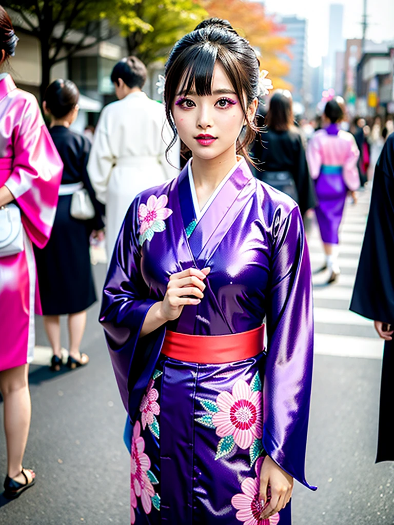 high quality, high resolution, Scenery of the city,Lots of girls,She is wearing a long-sleeved kimono made of super shiny enamel fabric.,The girls in the background are all wearing furisode kimonos made from super shiny enamel fabric.,The lower half of the furisode is high-cut and she is wearing black shiny stockings.,Multicolored furisode,Heavy brainwashing makeup,purple mascara,Purple Eyeshadow,Shiny red lipstick,