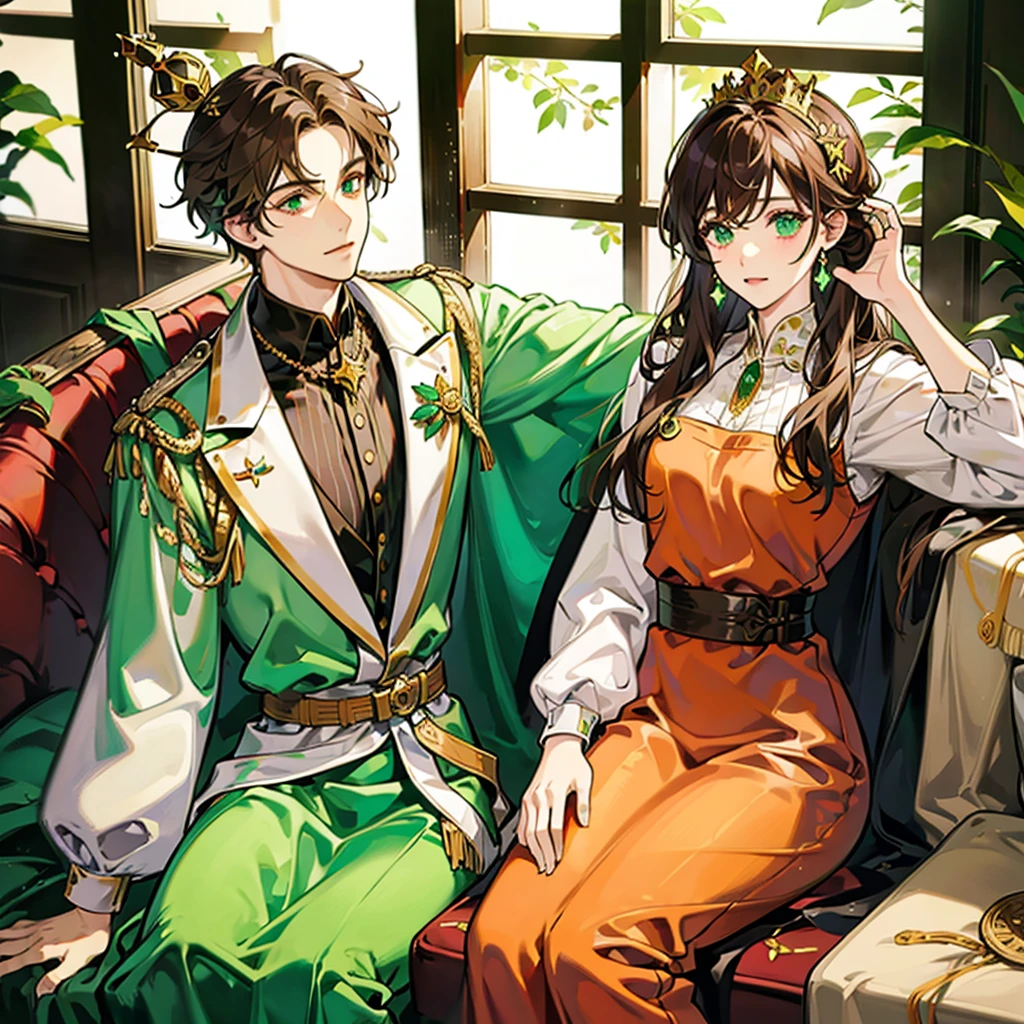 One royalty man sitting on the thrown, brown hair and emerald green eyes, with a crown on