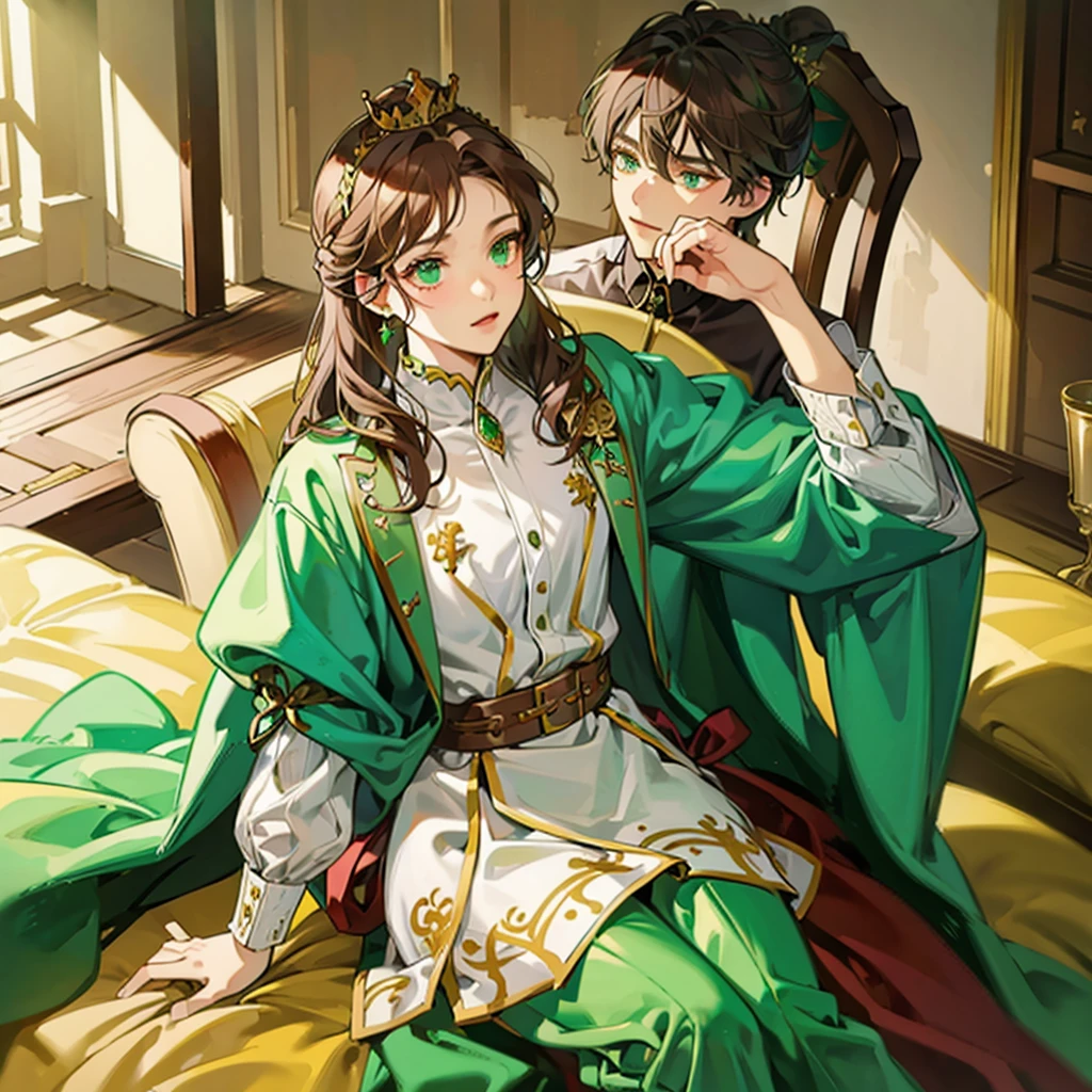 One royalty man sitting on the thrown, brown hair and emerald green eyes, with a crown on