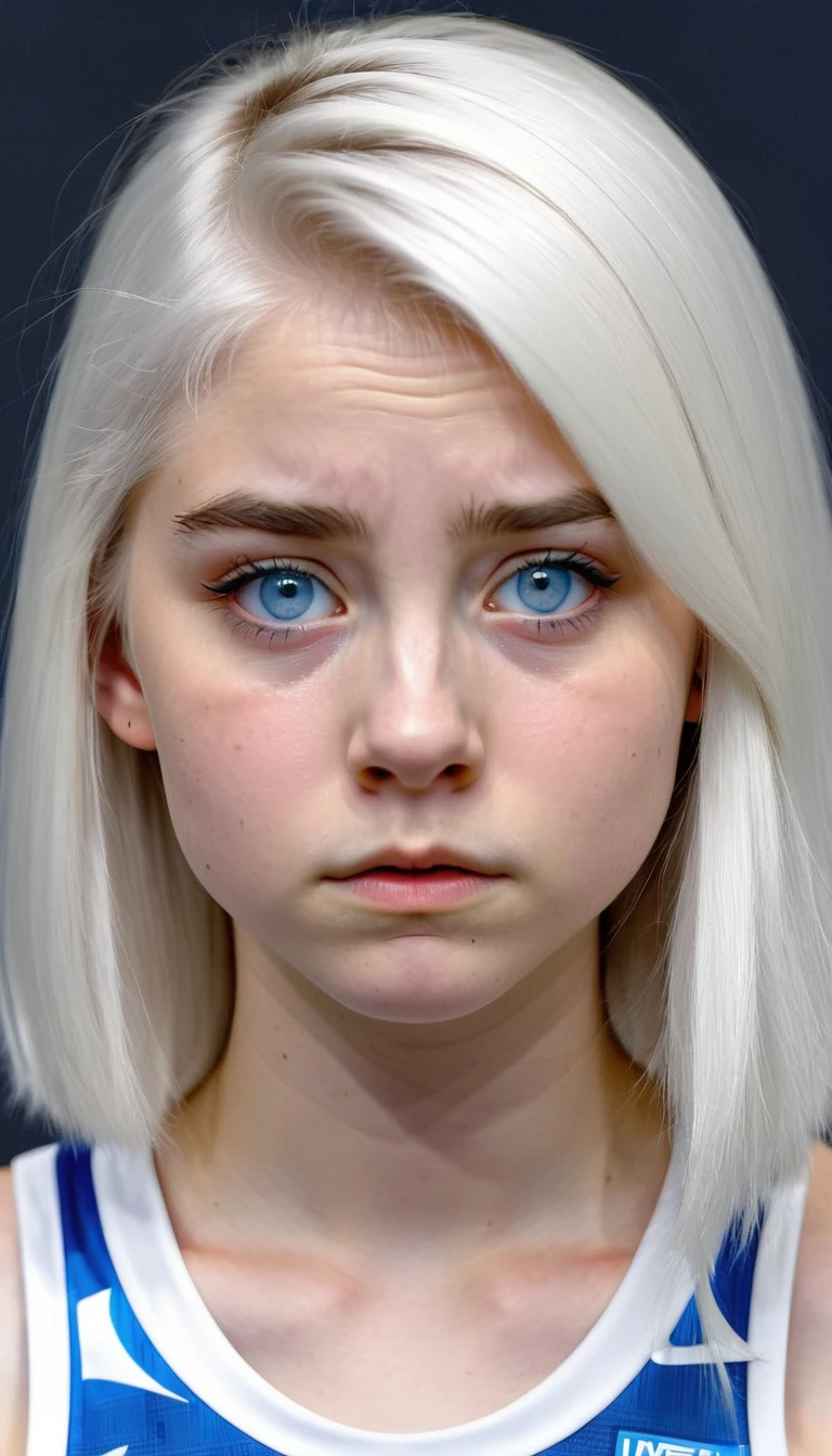 Basketball player,  16 year old girl with white hair, white skin and blue eyes, with a disappointed face
