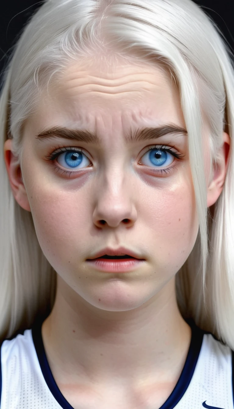 Basketball player, 16 year old girl with white hair, white skin and blue eyes, with a disappointed face