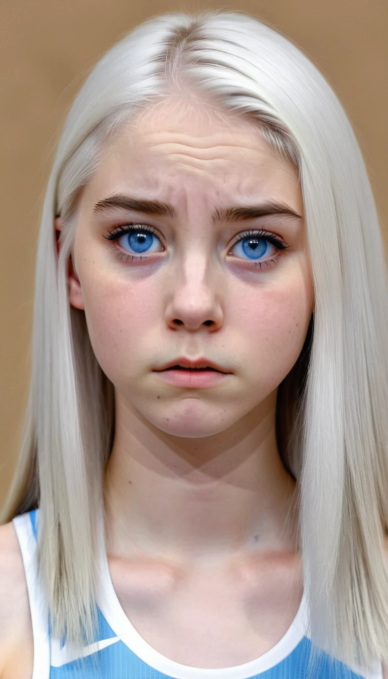 Basketball player, girl with white hair, white skin and blue eyes, with a disappointed face