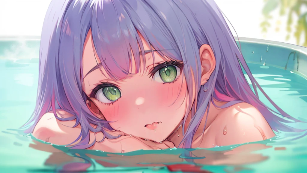 masterpiece, best quality, 1 girl, solo, large breasts, green eyes, swept bangs, green hair, curl outward hair, flustered, (shallow pool:1.3), (wet:1.1), water drops, (cum facial:1.3), (cum hair:1.3), (close up face:1.3), nsfw