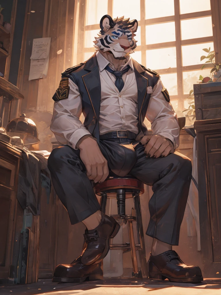 {{bara extremely handsome white tiger,}} {{white fur,}} white, wearing military like purple trench coat, purple trousers, white dress shirt and necktie, white fluffy furry body and limbs, loafers, very tall, very broad shoulders, narrow waist, muscular arms, massive pecs, purple eyes, very long legs, sitting on swivel chair with legs spread, massive bulge, reading file, sophisticated hot look, full body, sunlight casting over, 3/4 view, best quality, high quality, silver earring on left ear, sultry smirk