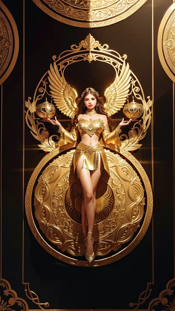 A captivating three-dimensional artwork by RICHIEL, featuring an extravagant golden circle adorned with dazzling diamonds and intricate zentangle patterns. At the center, the vintage script letter "PANIT " is elegantly written, embellished with gold, red, and silver hues. Atop the letter, a pair of exquisite angel wings, with a blend of gold and red feathers, spread majestically within the circle. The golden circle emanates a warm, radiant light, enhancing the enchanting atmosphere. Beneath the design, a wave-shaped gold plaque bears the message "fans rian arifin" in an engraved, leather-like surface, exuding sophistication and mystery.
