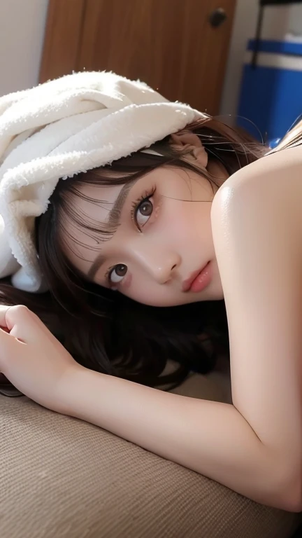 Beauty、Korean、White skin、((Completely naked))、((Lying on one&#39;s back on the bed))、(very heavy chest:1.3)、Naturally heavy huge breasts are crushed by gravity、Jet Black Hair、Straight Hair、Small waist、Arm Up Pose、((Legs spread wide))、((Her legs are spread wide))、(((Angle of view from directly above:1.4)))、The whole body is visible、((Shyly looking away))、Mouth closed、(Very small nipples:1.4)、bright pink nipples、Very dense makeup、(Slit eyes:1.4)、(Slanted Eyes)、(Long, narrow eyes:1.3)、