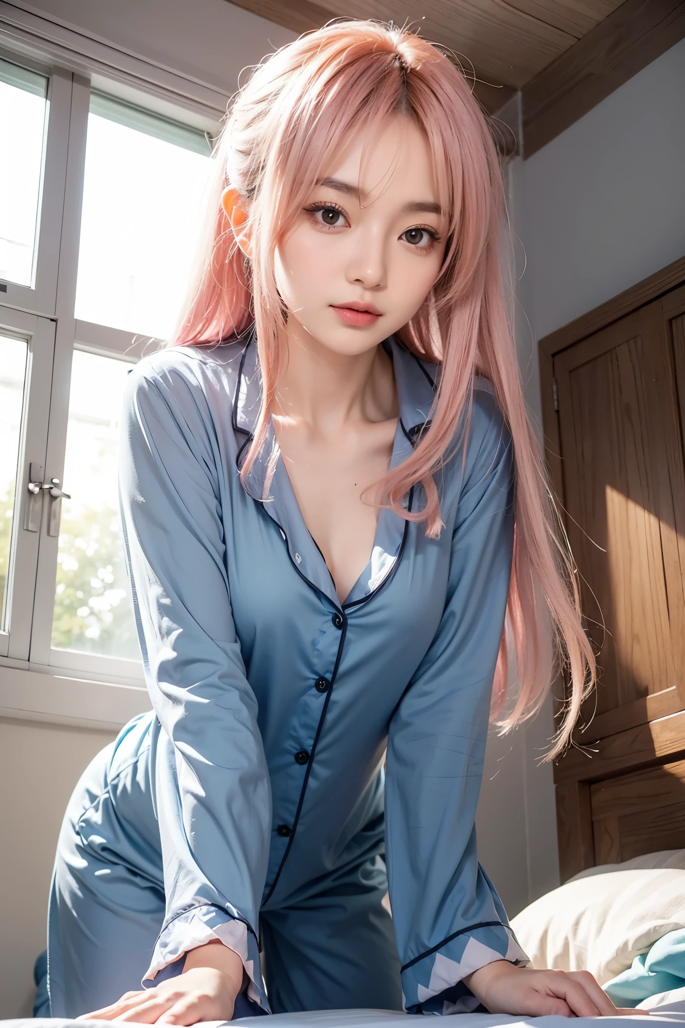 Beautiful Japanese Waifu, early 30s, brunette hair, blue pyjamas, in bedroom, prepare the bed