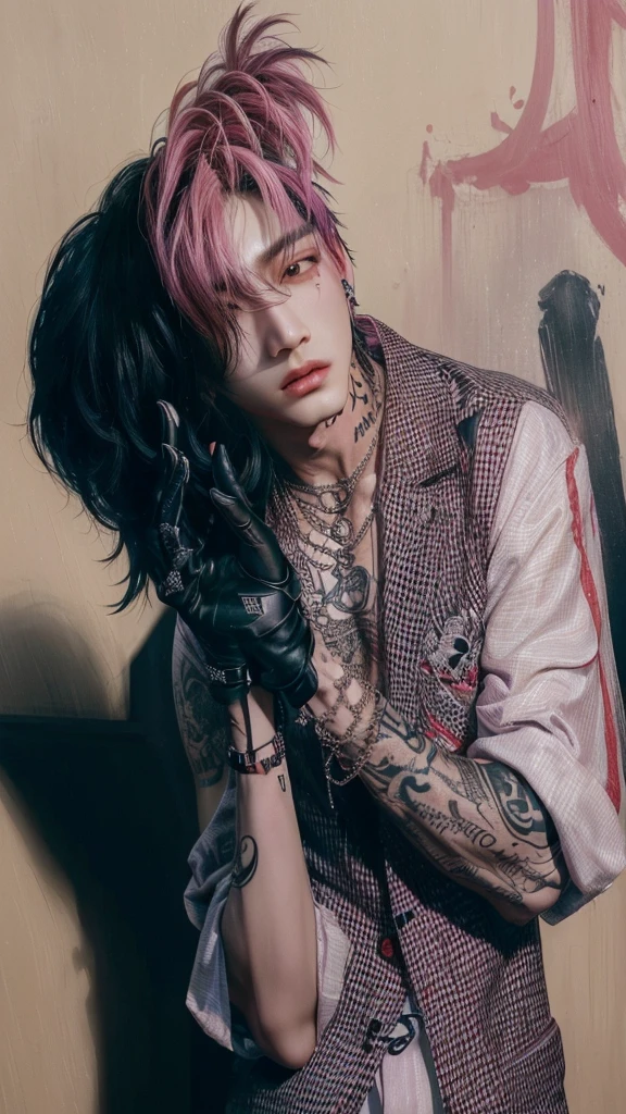 arafed male with black hair and tattoos holding a glove, cai xukun, portrait of jossi of blackpink, hyung tae, inspired by Yanjun Cheng, lil peep, with black hair, yanjun chengt, hong june hyung, taejune kim, jimin, glossy from rain, black iconic character, jungkook, key still