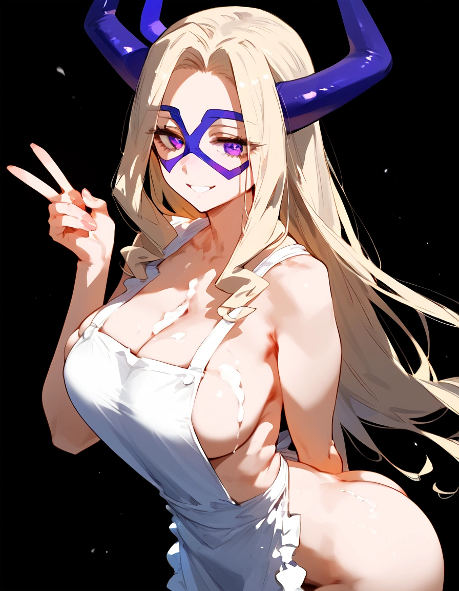 anime artwork, score_9, score_8_up, score_7_up, score_6_up, score_5_up, score_4_up, Mount Lady, blonde hair, purple eyes, big breasts, she is 24 years old, style_3, , , , black background, apron, naked, side , ass, V, solo, smile, cream