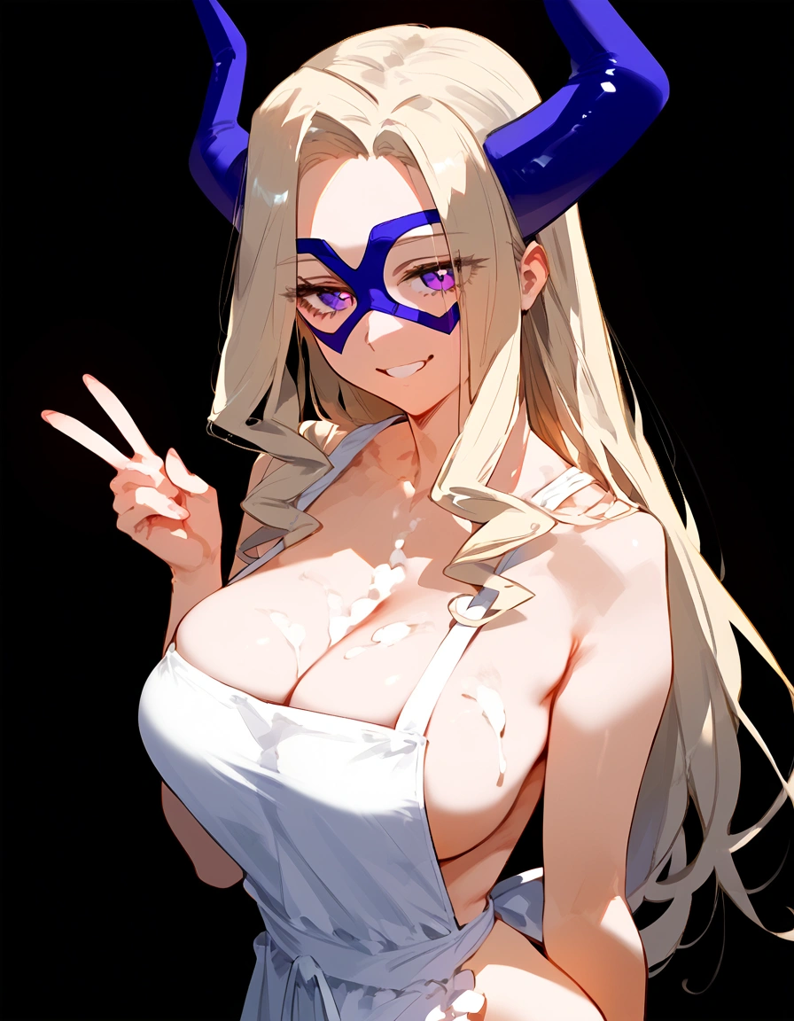 anime artwork, score_9, score_8_up, score_7_up, score_6_up, score_5_up, score_4_up, Mount Lady, blonde hair, purple eyes, big breasts, she is 24 years old, style_3, , , , black background, apron, naked, side , ass, V, solo, smile, cream