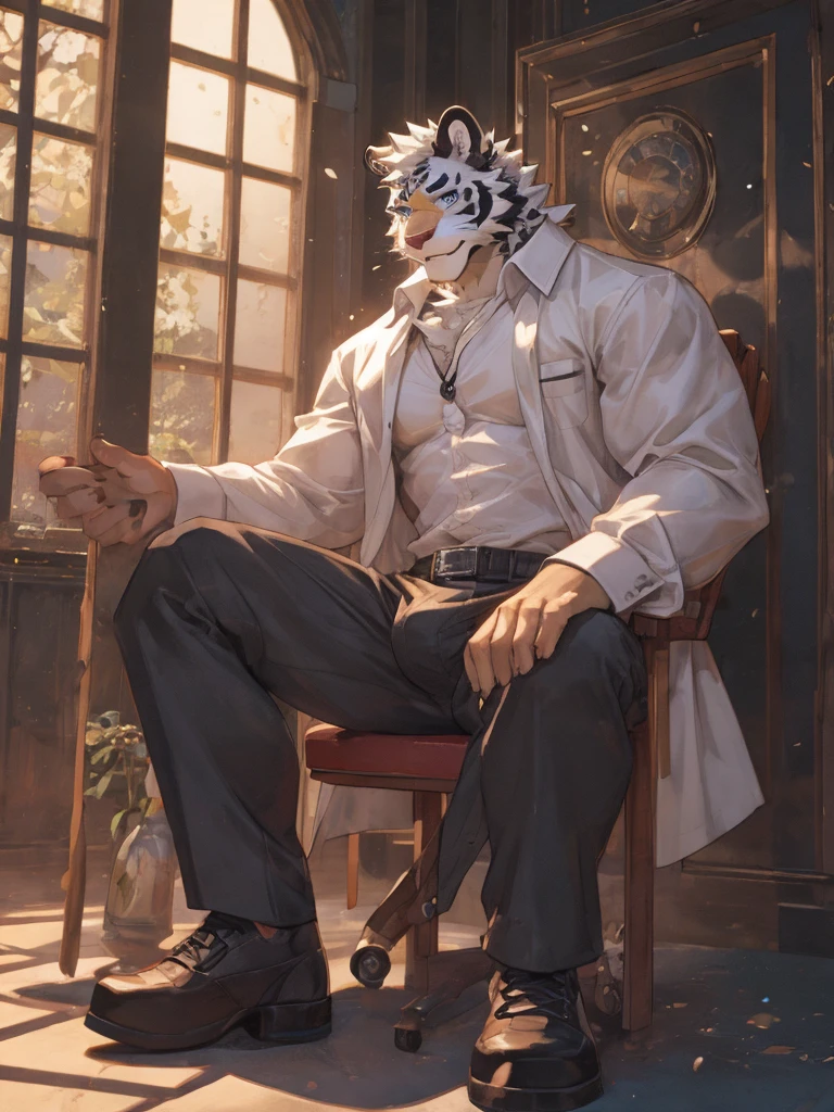 {{bara extremely handsome white tiger,}} {{white fur,}} white, wearing military like purple trench coat, purple trousers, white dress shirt and necktie, white fluffy furry body and limbs, loafers, very tall, very broad shoulders, narrow waist, muscular arms, massive pecs, purple eyes, very long legs, sitting on swivel chair with legs spread, massive bulge, reading file, sophisticated hot look, full body, sunlight casting over, 3/4 view, best quality, high quality, silver earring on left ear, sultry smirk