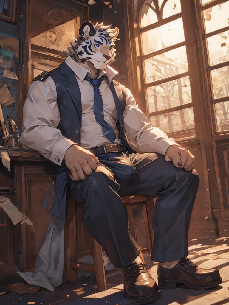 {{bara extremely handsome white tiger,}} {{white fur,}} white, wearing military like purple trench coat, purple trousers, white dress shirt and necktie, white fluffy furry body and limbs, loafers, very tall, very broad shoulders, narrow waist, muscular arms, massive pecs, purple eyes, very long legs,  sitting on swivel chair with legs spread, massive bulge, reading file, sophisticated hot look, full body, sunlight casting over, 3/4 view, best quality, high quality, silver earring on left ear, sultry smirk