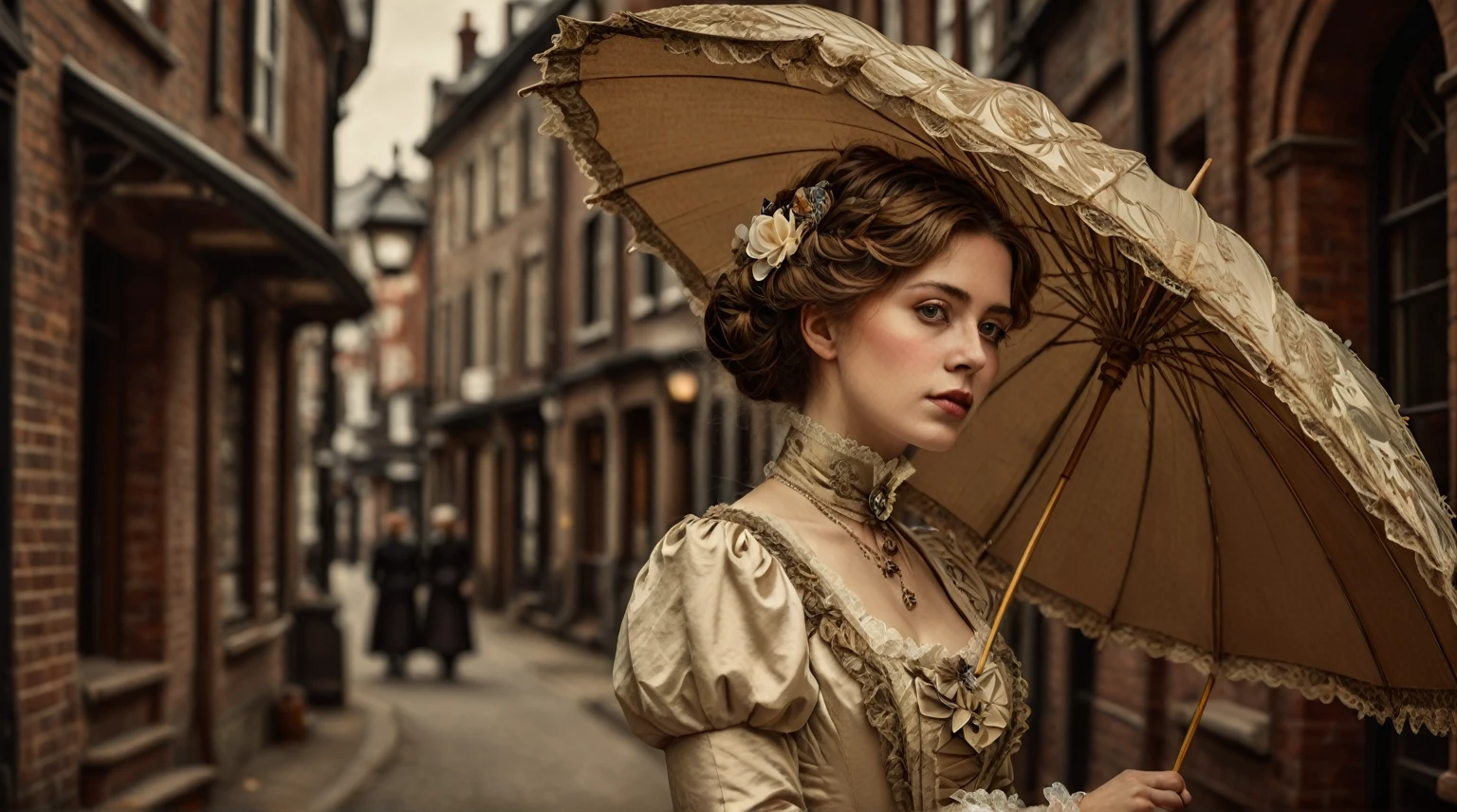 there is a woman with an umbrella standing in a street, a beautiful victorian woman, victorian lady, victorian style costume, art nouveau fashion photography, young victorian sad fancy lady, victorian style, victorian age, victorian inspired clothing, 1 8 8 0 s style, in a high renaissance style, retro vintage and romanticism, standing with a parasol