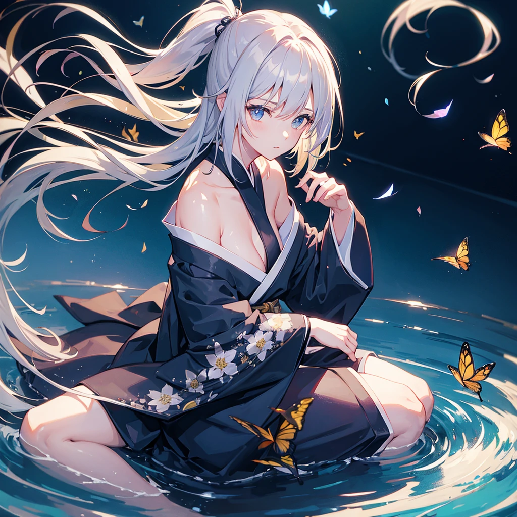 ((High resolution Gray Hair Long Hair Black kimono Black Band military commander Lonely despair)) ((Yellow butterfly night Japanese style shoulder old Shining Aura Japanese garden water surface)) (dance Japanese sword Slashing) moon star Draw your sword Slashing Catch the wind autumn