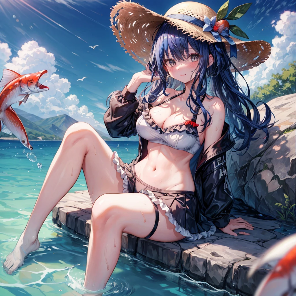 ((Highest quality)), ((masterpiece)), (detailed), (nsfw), the female cartoon character dressed in sexy clothing sits in the water and fishes, 1girl, swimsuit, breasts, 比基尼, 独奏, hat,  straw hat, cleavage, navel, water, large breasts, looking at viewer, bangs, frills, frilled 比基尼, Virtual Youtuber, sitting, black 比基尼, long hair large breasts, (wet), sweat,